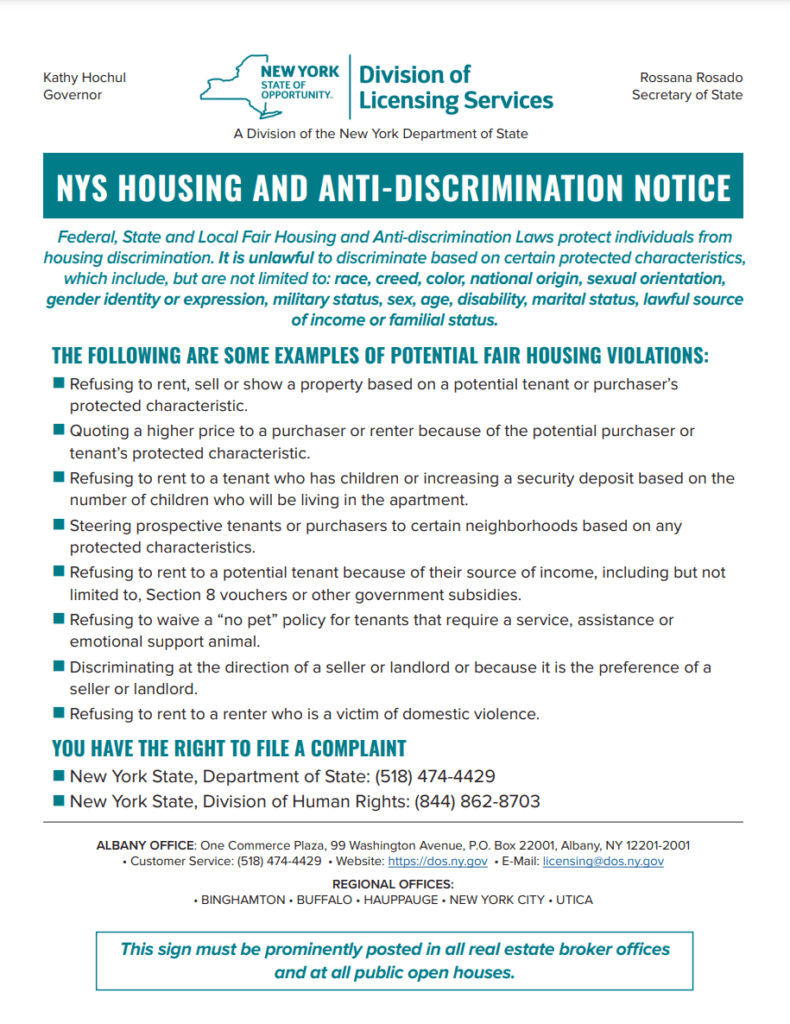NYS HOUSING AND ANTI-DISCRIMINATION NOTICE